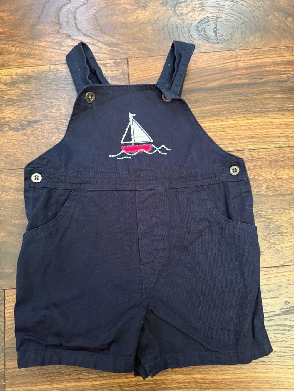 Starting Out Navy Short Overalls with Sailboat Embroidery